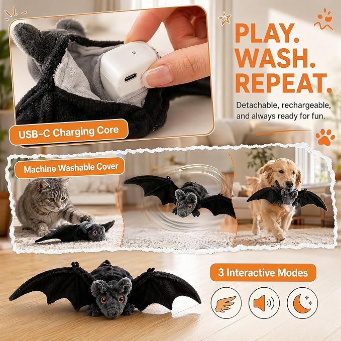 Interactive Flying Bat Dog Toy, Flapping Wings Cute Bat for Indoor Cats & Dogs, Automatic Flapping Wings with Chirping Sounds, Touch Activated, Rechargeable for Solo Play，Manual+Remote