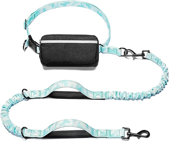 iYoShop Hands Free Dog Leash with Zipper Pouch, White-Blue Mix, Large | Waist Leash, Dual Padded Handles, Shock-Absorbing Bungee, Adjustable Waist Belt, Walking and Running