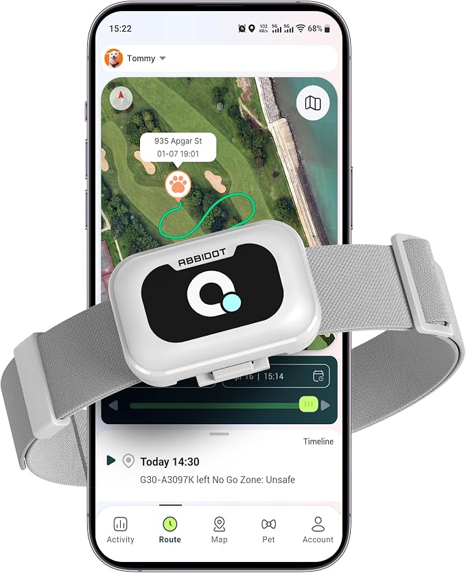ABBIDOT GPS Tracker for Dogs - Real-Time Pet Tracker with Virtual Fence, Activity Monitor, Location History, Escape Alerts, 3-Mode Night Light, GPS Dog Tracker with Health & Behavior Monitoring
