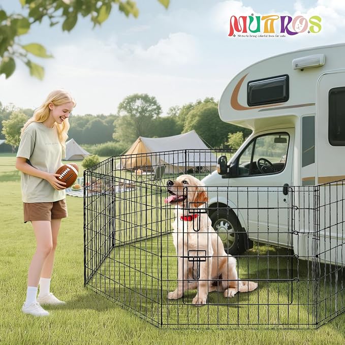 MUTTROS Foldable -42 inch Octagonal Metal Dog Playpen - 8-Panel Exercise Dog Fence, No Door, Indoor/Outdoor Dog Corral with Dog Pin for Large & Medium Dogs, Large Black