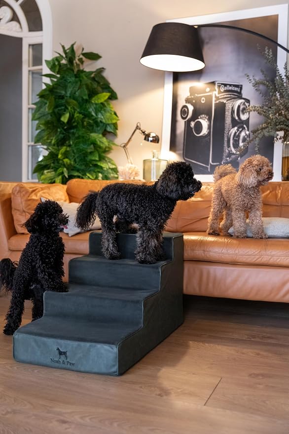 Noah & Paw Dog Stairs, Dog Ramp for Bed (17" Extra Wide) Pet Stairs for High Bed, Design to Fit Small and Large Breeds, Durable 4 Pet Steps for Couch (35 Foam Density) Leather Collection