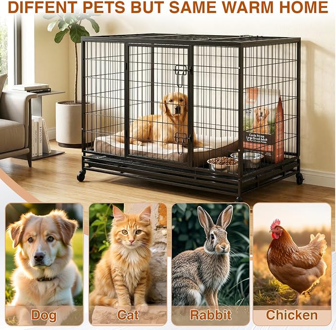 BestPet 48 Inch Heavy Duty Dog Crate, Indestructible Escape-Proof Kennel with Double Door & Removable Tray for Medium to Large Dogs,Black