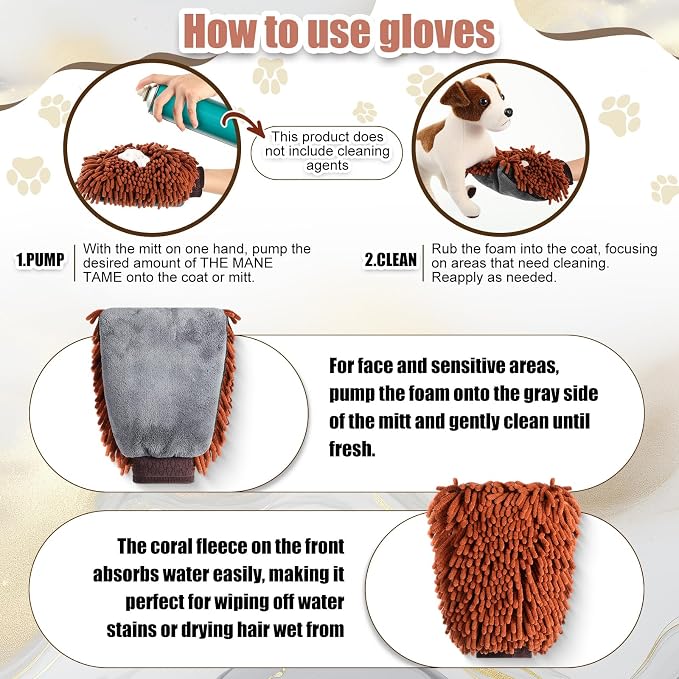 Teenyyou 2 Pcs Dog Towel Mitt Dry Bath Gloves Chenille Microfiber Paws Clean Pet Hair Washing Gloves Dog Grooming Mitts Bath Supplies for Cats Rabbits Horses Suitable for Long/Short/Poodle Fur(Brown)