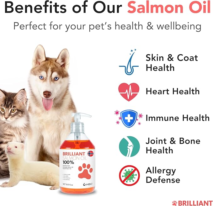 Brilliant Norwegian Salmon Oil for Dogs, Cats, Horse, Ferret - Pure Omega 3, 6 & 9 Fish Oil Food Treats Supplement for Natural Coat, Immune Support, Itchy Skin, Joint & Brain Health - 2x16.9 oz