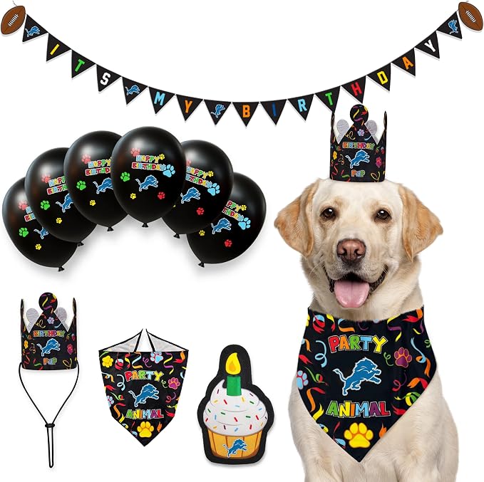 NFL Detroit Lions Dog Birthday Party Set 10pcs with 1 Football Bandana Large/X-Large, 1 Crown Hat, 1 Banner, 1 Birthday Cake Toy & 6 B-Day Balloons, Dog Birthday Set, Costume, Fun Doggie Pawty