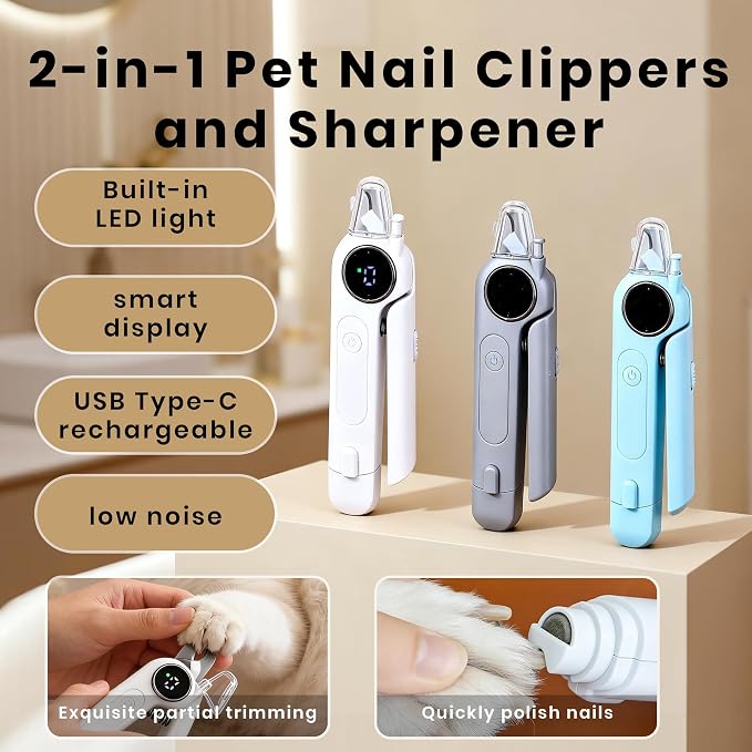 2-in-1 Dog Nail Clippers & Grinder with Light, White