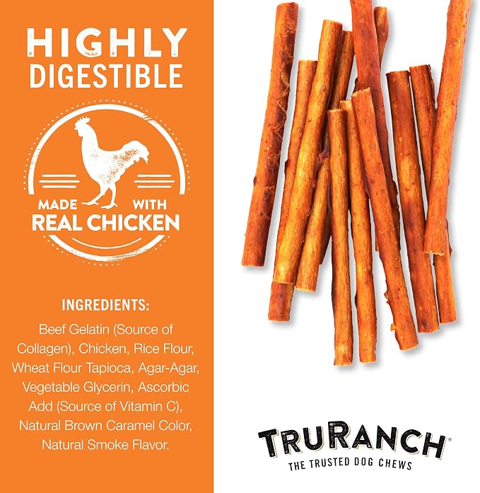 TRURANCH Collagen Sticks - 5" Collagen Sticks for Dogs - Long Lasting Healthy Joint Support - Rawhide Alternative - Skin & Coat Health - Made with Real Chicken, Value Pack, 15 Bags, 225 Count