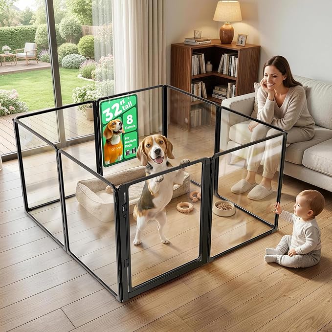 FXW AuraSpace Pro Acrylic Indoor Dog Playpen, Heavy-Duty with Metal Frame, 32" Height 8 Panels for Small and Medium Dogs, Black│Patented