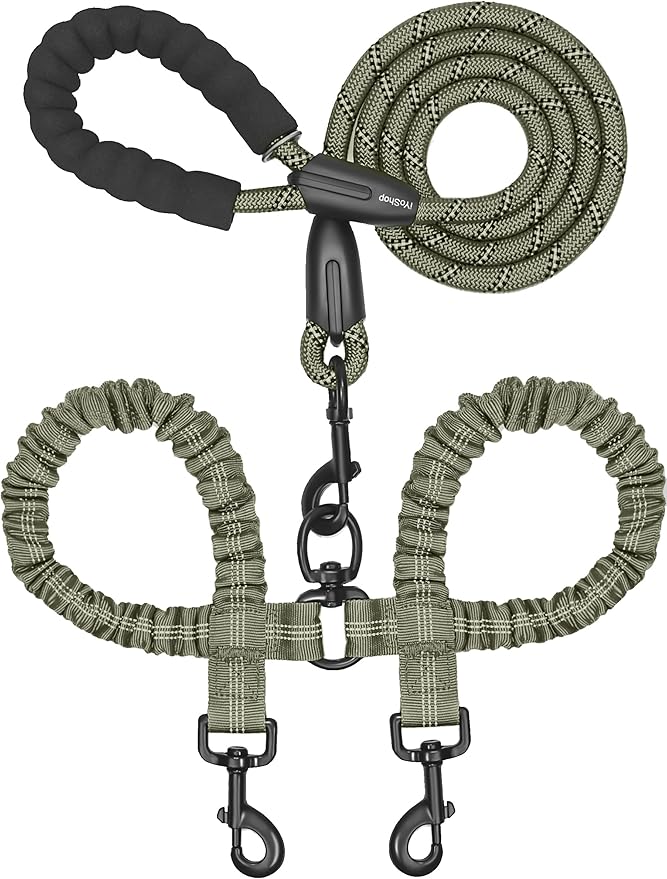 iYoShop Double Dog Leash, 360° Swivel, No Tangle, Medium, Military Green | Dual Leash for Two Dogs, Split Leash, Shock-Absorbing Bungee, Padded Handle, Heavy-Duty Rope