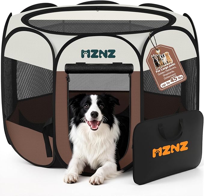 Dog Playpen, Portable Puppy Pet Crate Indoors for Small/Medium/Large Dogs Cats Rabbits, Foldable Dog Cage Enclosure for Outdoor, Pop Up Dogs Tent Kennel with Carrying Case, Brown