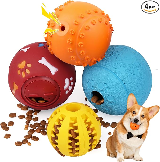 PrimePets Dog Puzzle Toy 4 Pack, Interactive Treat Dispensing Dog Toys, Slow Feeder Ball for Small Dogs and Puppies, Enrichement Toy Balls for Teething, Fetching and Playing