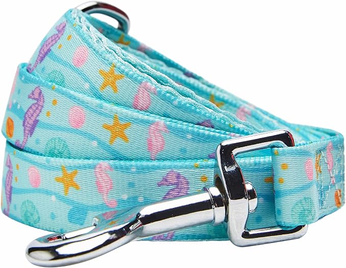 Blueberry Pet Summer Sparkle Dog Leash, Medium Size, 5 ft x 3/4", Turquoise, Ocean Fish and Seahorse Print Nautical Pet Leash