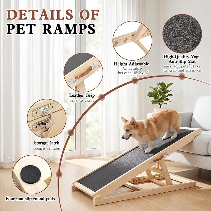 Dog Ramp for Couch, Bed, Car, Adjustable Pet Ramps 6 Height from 18" to 23.6" Wooden Dog Step with Anti-Slip Yoga Mat & Sturdy Build for Small Medium Older Pets, Supports up to 200lbs