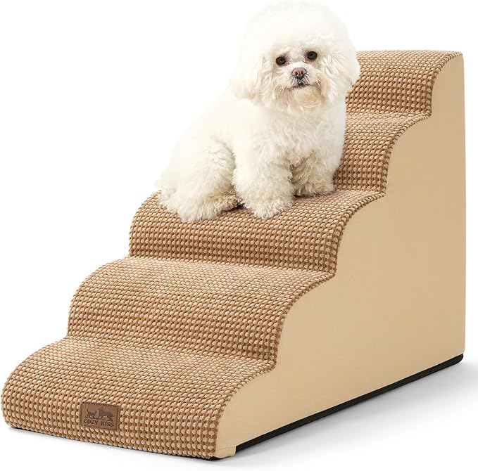 COZY KISS Dog Stairs for High Bed 22.6" H, Small Dog Step for Puppy, Older or Cat, Curved Ramp for Car, Ladder with High Density Foam, Lightweight, Durable, 5 Step, 15.7x33x22.6 inch, Light Brown