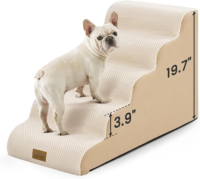COZY KISS Dog Stairs for Small Dogs, 5 Step Pet Stairs for Beds & Couches | 19.7" H Curved Non-Slip Foam Dog Steps with Washable Cover for Puppies, Older Cats & Small Dogs, 15.7x33x19.7 in, Beige