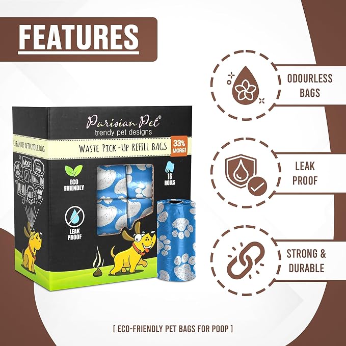 Parisian Pet Ecofriendly Dog Poop Bags Rolls - 320 Count Unscented Poop Bags For Dogs - Leakproof, Extra Thick, 16 Dog Waste Bags Refill Rolls - Blue Doggie Poop Bags - Fits All Dispenser