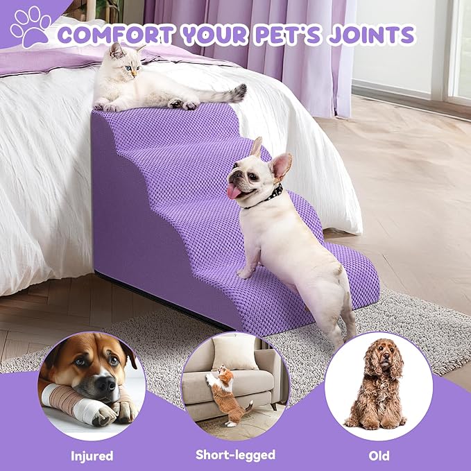 Zerbuger Dog Ramp and Stair for Bed 16" H-20 H,3-Step Cat Stair for Sofa and Chair,4-Step Dog Ramp for High Bed and Window,Durable Nonslip Fabric Cover for Indoor (Purple-20 H, Pet Friendly, 4)
