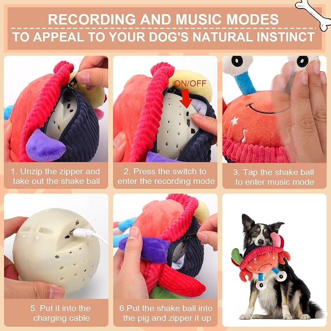 BABORUI Interactive Dog Toys Crab, Jumping Squeaky Dog Toys with Recording and Music Modes, Rechargeable Moving Dog Chew Toys for Small/Medium/Large Dogs to Keep Them Busy(Crab)