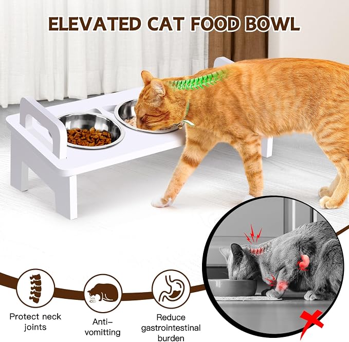 Bamboo Elevated Cat Bowls, 3 Stainless Steel Raised Cat Bowl with Stand, 15°Tilted Cat Feeding Station, Cat Food and Water Bowl Set for Small Cats, Anti Vomitting, Whisker Fatigue (Natural) (White)