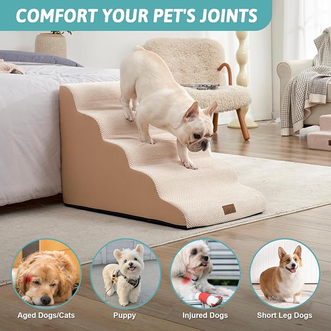 COZY KISS Wide Dog Stairs 19.7" Width, Pet Step for Small Medium/Large Dog, Puppy or Cat, Pet Ramp for High Bed or Car, High Density Foam Ladder, Stable, 5 Step, 19.7x33x22.4 in, Beige