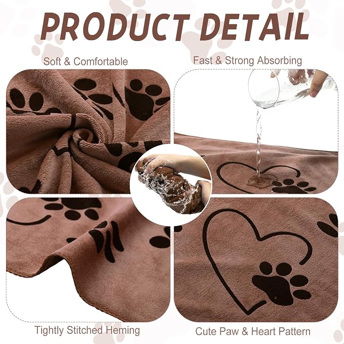 Fanfanwin 4 Pcs Dog Bath Towels Microfiber Drying Dog Towel Absorbent Pet Heart Paw Towels for Medium Dogs Puppy Cats Pets Shower(Gray, Brown, Blue, Wind Red)