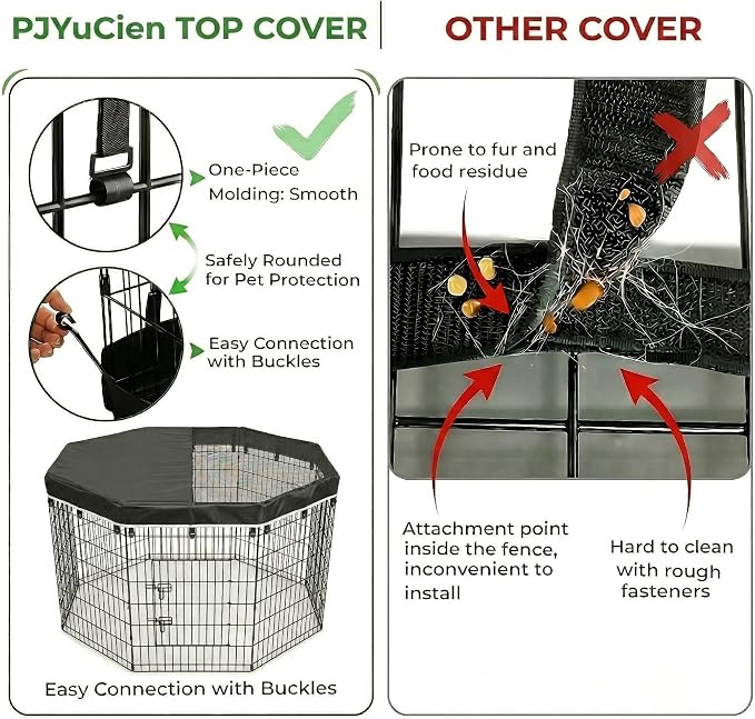 PJYuCien Octagonal Playpen Top Cover for 24" Side Metal Pet Pen, Half Mesh Half Oxford with Silver Coating & Snap Hooks, Predator & Weather Protection, Cozy Den for Puppy Small Animals, Black