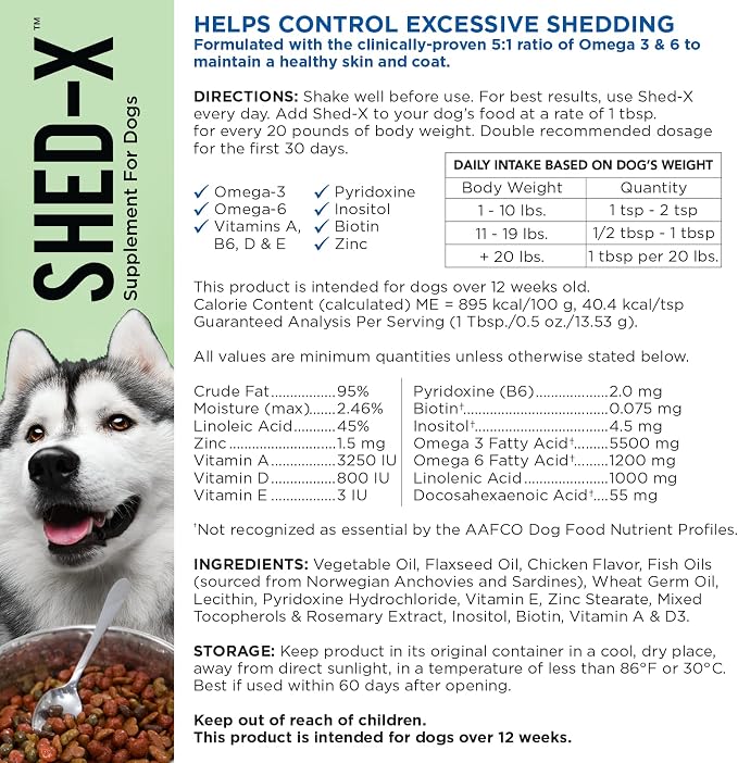 Shed-X Liquid Dog Supplement,32oz – 100% Natural – Helps Dog Shedding,Fish Oil for Dogs Supports Skin & Coat,Dog-Oil for Food with Essential Fatty Acids,Vitamins,and Minerals,(Pack of 2)