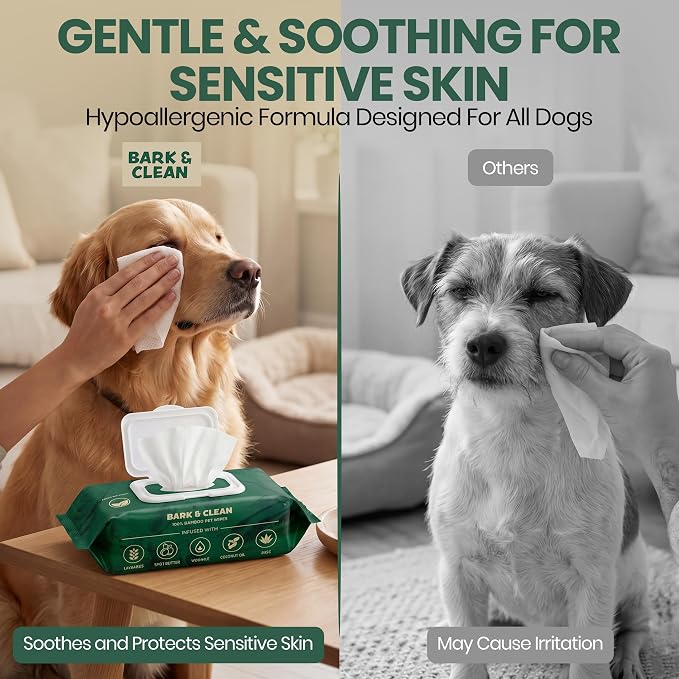 Bark & Clean Bamboo Dog Wipes for Cleaning & Deodorizing - 8.5" x 9" 110 Compostable Hypoallergenic Pet Wipes for Dogs - Paws, Butt & Body - Puppy Face, Ear & Eye Cloths - Pet Supplies
