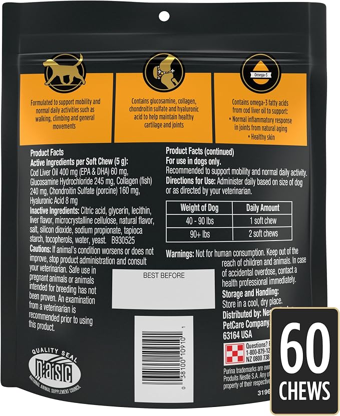 Purina Pro Plan Veterinary Large Breed Dog Joint Care Supplement with Glucosamine, Chondroitin, and Collagen to Support Hip and Joint Health – 60ct Pouch