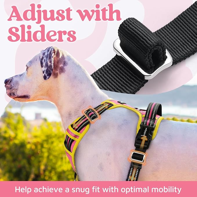 rabbitgoo Dog Harness Medium Sized, No Pull 3 Buckles Easy On & Off | Soft Padded, Walking with Control Handle, Adjustable and Reflective, Pink & Yellow, Medium