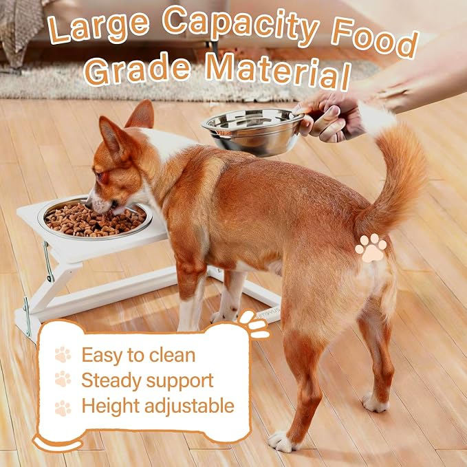 Elevated Dog Bowl, Anti-Slip Feeder, Adjustable Elevated Dog Bowl Stand, 0-20° Tilt Water Bowl with 2 Stainless Steel Food Bowls Dishwasher Safe, Suitable for Small Dogs, Puppies and Cats (White)
