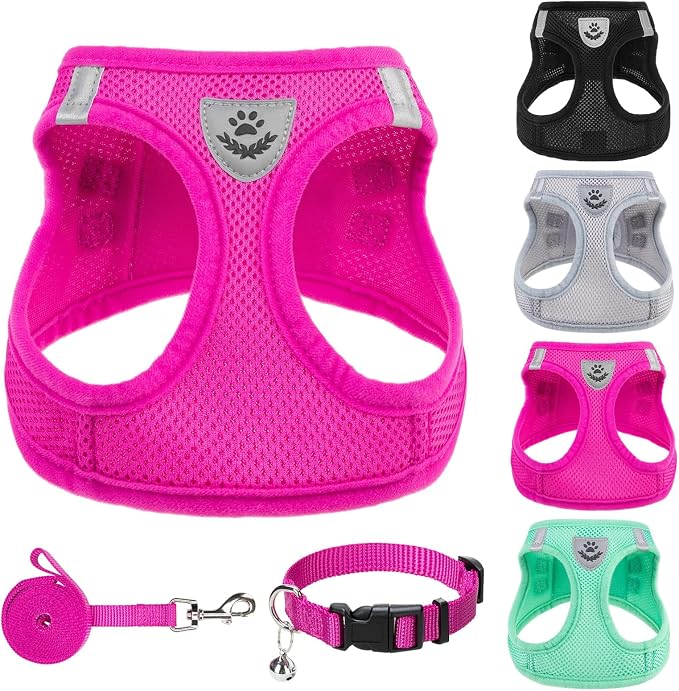 PUPTECK Adjustable Dog Harness Collar and Leash Set Step in No Pull Pet Harness for Small Medium Dogs Puppy and Cats Outdoor Walking Running, Soft Mesh Padded Reflective Vest Harnesses, Solid Pink L