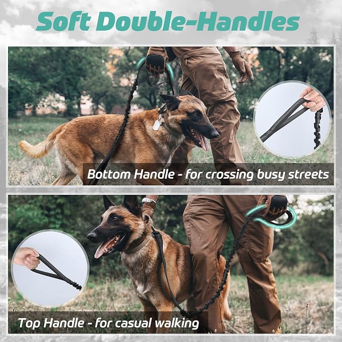 rabbitgoo Tactical Dog Leash, Heavy Duty Training Bungee Lead | Military Leash with 2 Padded Control Handles for Medium Large Dogs, No Pull for Shock Absorption, Reflective, Black, 6FT
