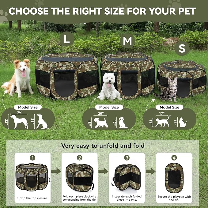 Siedihit Dog Cat Playpen, Medium Puppy Pet Playpen, Dog Crate Tent Cage Indoor/Outdoor, Portable Pop Up Dogs Kennel Playpen with Carrying Case for Dogs/Cats/Rabbits(Green Camo, Medium)
