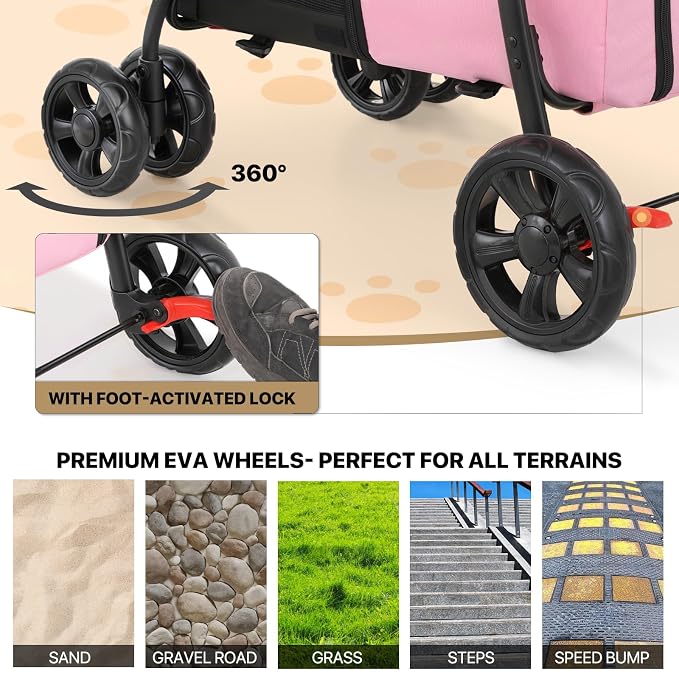 MoNiBloom 4-Wheel Double Dog Stroller - Pink/Gray, Detachable Carriers