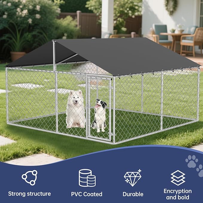 Petony 120"x 120" Outdoor Dog Enclosure Heavy Duty Dog Kennel House Mesh Dog Big Cage Pet Kennel Steel Fence with Secure Lock