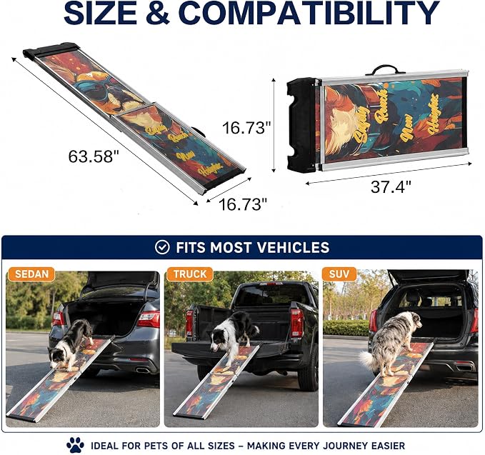 Aluminum Dog Ramp for Car, 64" x 17" Telescoping Pet Ramp for Large Dogs, Portable Dog Car Ramp with Non-Slip Sandpaper Surface, Outdoor Dog Ramp Up to 330 lbs, for Cars SUVs Trucks