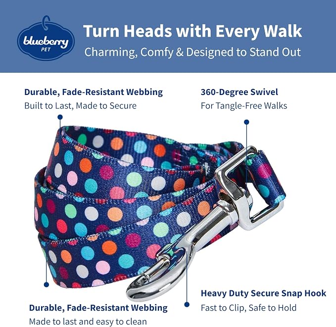 Blueberry Pet Valentine's Day Dog Leash, Velvety Soft-Touch Heart Flocking Lead for Large Dogs, Rainbow Polka Dots, 4 ft x 1"
