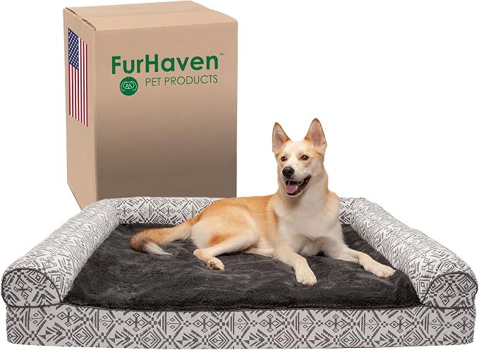 Furhaven Memory Foam Dog Bed for Large Dogs w/ Removable Bolsters & Washable Cover, For Dogs Up to 125 lbs - Plush & Southwest Kilim Woven Decor Sofa - Boulder Gray, Jumbo Plus/XXL
