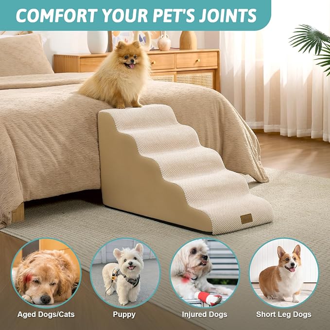 COZY KISS Dog Stairs for Small Dogs, 5 Step Pet Stairs for Beds & Couches | 19.7" H Curved Non-Slip Foam Dog Steps with Washable Cover for Puppies, Older Cats & Small Dogs, 15.7x33x19.7 in, Beige