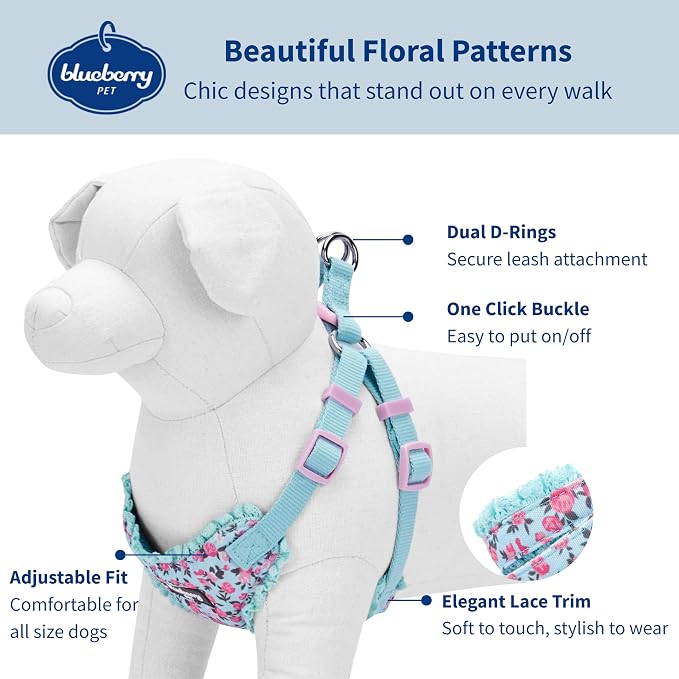 Blueberry Pet Soft & Comfy Made Well Cute Floral No Pull Mesh Dog Harness Vest in Light Blue, Chest Girth 17.5"-21", Small, Adjustable Harnesses for Dogs