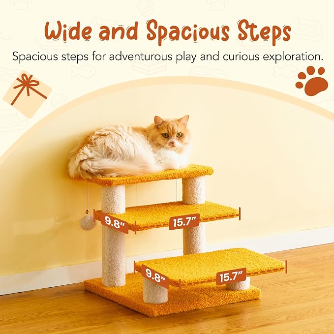 15''H Multi-Step Pet Stairs for High Beds & Sofas, 3-Step Cat Stairs with 2 Toy Balls, Wide Boards for Indoor Kittens Dogs Pets Climbing, Yellow