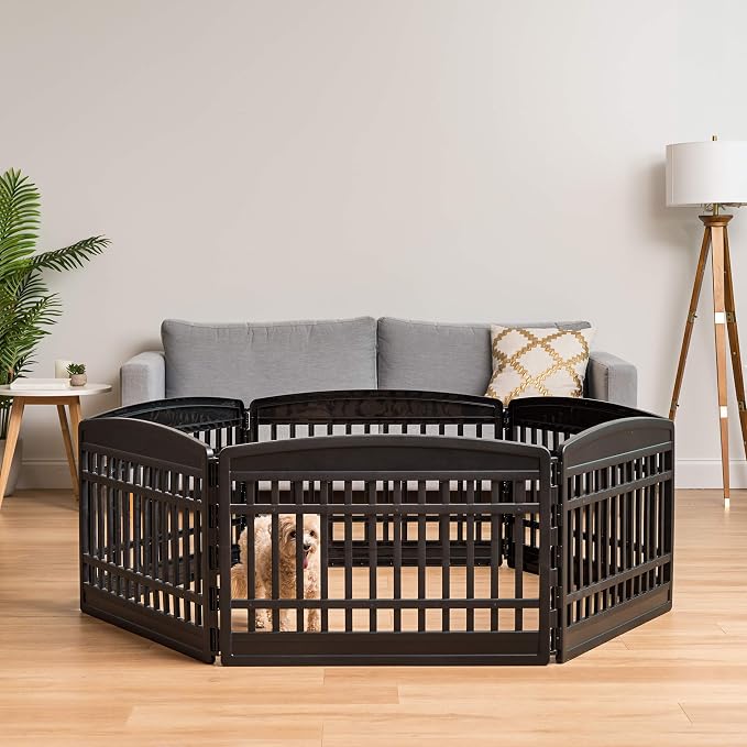 IRIS USA Dog Playpen with Door, 24” 6 Panel Pet Exercise Pen – Indoor Outdoor Puppy Play Pen, Portable Plastic Pet Fence for Small Medium Dogs, Foldable 61” x 61” x 24”, Black