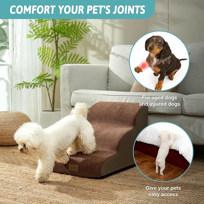 COZY KISS Dog Stairs for Small Dogs 15.7" H, Curved Dog Step for Puppy, Older Cat, Medium Pet Ramp for Sofa, Couch or Chair, Ladder with High Density Foam, 3 Step, 15.7x22.4x15.7 inch, Brown
