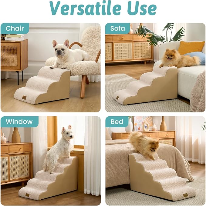 COZY KISS Dog Stairs for Small Dogs, 3 Step Pet Stairs for Beds & Couches | 13" H Curved Non-Slip Foam Dog Steps with Washable Cover for Puppies, Older Cats & Small Dogs, 15.7x19.7x13 in, Beige