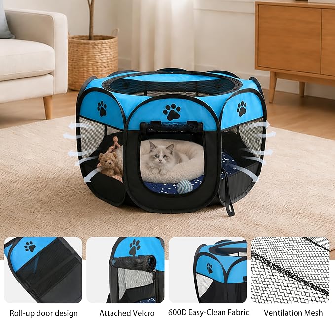 3-in-1 Cat Playpen for Indoor Cats Enclosed with Washable Pad & Glove, Portable Pop Up Dog Playpen, Foldable Pet Tent Crate Delivery Whelping Pen for Kitten, Puppy, Rabbit, Small Animals