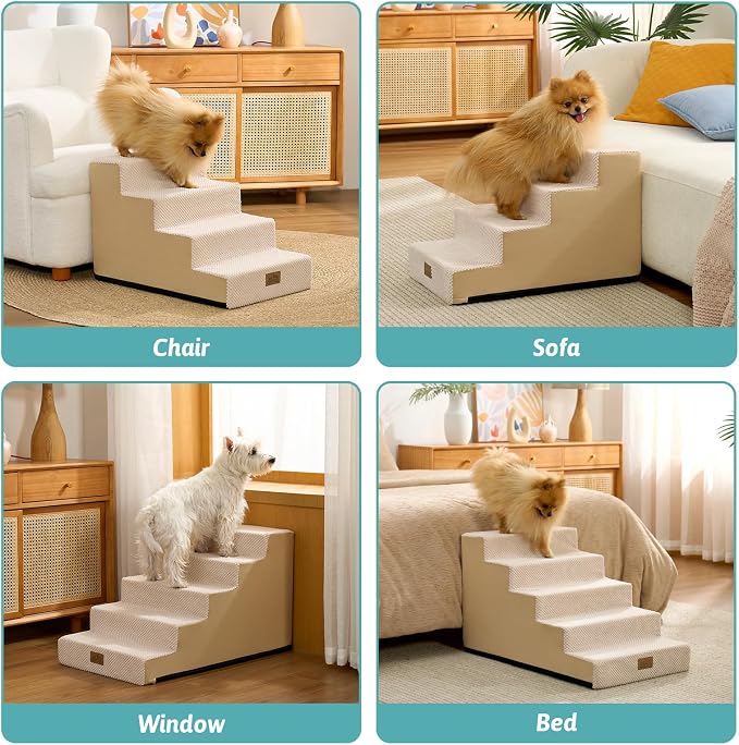 COZY KISS Dog Stairs for Small Dogs, 4 Step Pet Stairs for Beds & Couches | 15.7" H Non-Slip Dog Steps for Bed & Sofa, Gentle Incline for Puppies, Senior Cats, and Small Dogs, 15.7x23.6x15.7 in, Beige