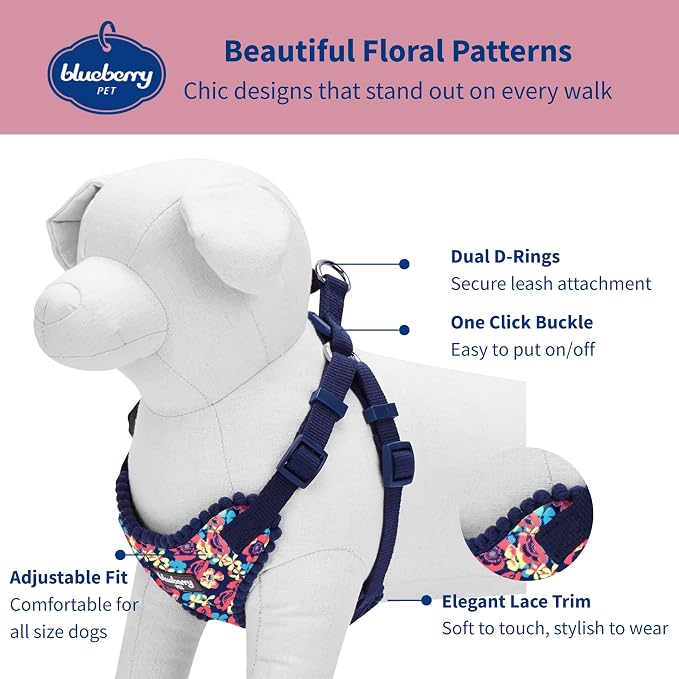 Blueberry Pet Soft & Comfy Made Well Profound Floral No Pull Mesh Puppy Dog Harness Vest in Navy, Chest Girth 14"-16", X-Small, Adjustable Harnesses for Dogs & Cats