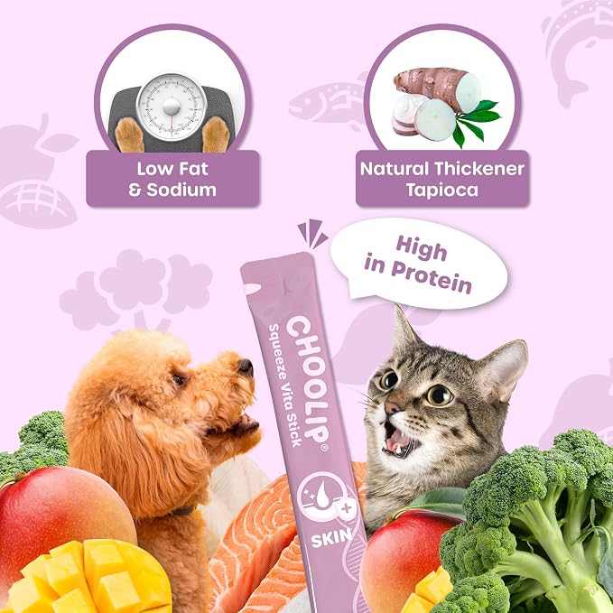 Choolip Squeeze Vita Stick Lickable Cat and Dog Treats, 7-Count Skin and Coat Support, Salmon and Pollack with Biotin and Vitamin E, Vet-Formulated