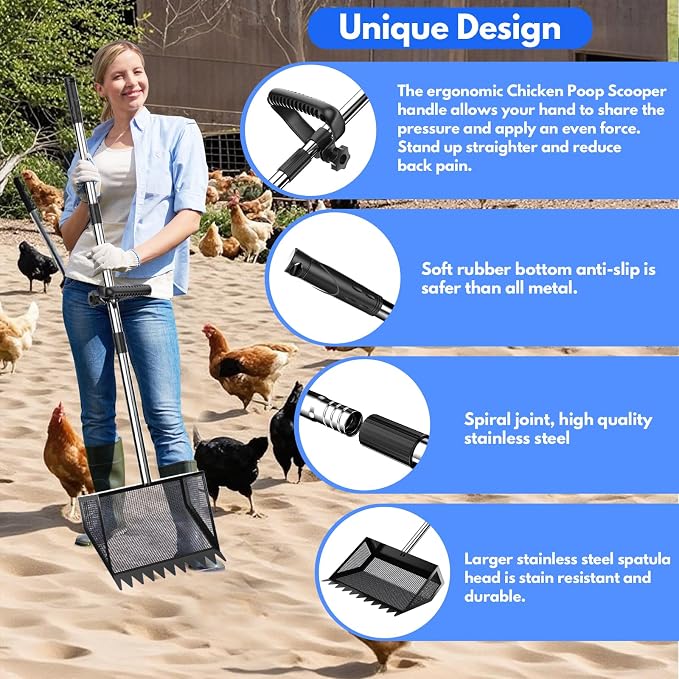 Chicken Poop Scooper Rake 2-in-1,304 Stainless Steel Shovel Head, Chicken Litter Scoop with Handle for Chicken Coop for Sand, Pet Waste Cleaning, Litter Sifting Shovel (35 to 65") (Black, 10inch)